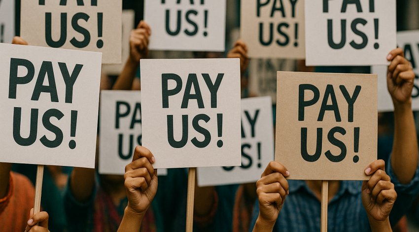 Several signs saying 'Pay us!' 