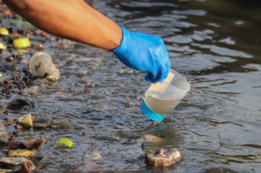 Field staff taking a water probe at a sampling site